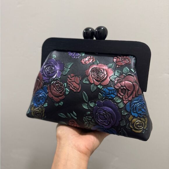 Embossed Rose Genuine Leather Handmade Wooden Frame Clutch/Wristlet /Crossbody - Picture 9 of 16
